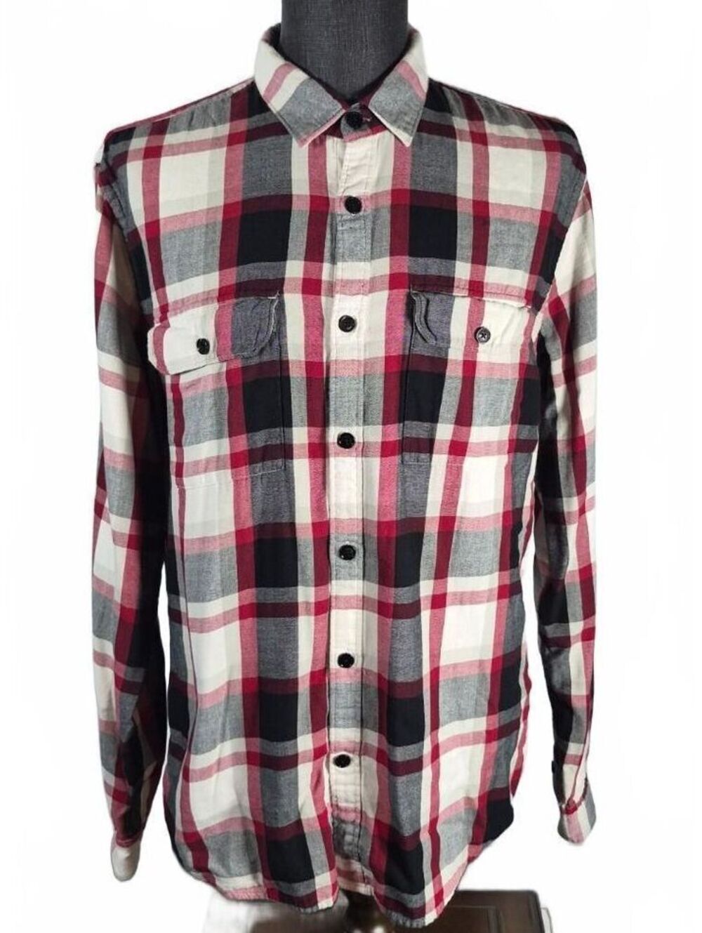 Express Men’s XL Red Black Plaid Cotton Flannel Shirt Fitted